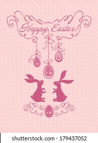 Delicate Easter card with two bunnies and Easter eggs. 