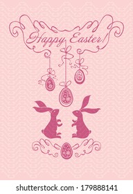 Delicate Easter card with two bunnies and Easter eggs.  