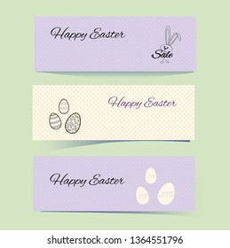 Delicate easter covers with rabbit and dotted patterns. Hares, eggs and points. Lilac, beige background. Set Vector illustration for blog design, sale, card, certificate, banner. with space for text.