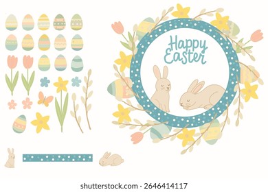Delicado design de Páscoa com uma grinalda floral pastel com coelhos bonitos, ovos decorados, tulipas de primavera, narcisos e galhos de salgueiro. Ideal para cartões de Páscoa, cartazes e decoração sazonal.
