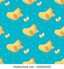 Delicate Easter pattern. Red chickens with eggs on yellow and blue background. Vector stock. Seamless, for textile, background, paper, postcards, fabric, printing.