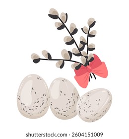 Delicate Easter template with space for copying. Light colored eggs and fluffy willow branches with red bow. Vector texture pattern isolated, without background. Nice composition sstkEaster