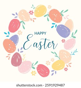 Delicate easter wreath with colorful eggs, flowers and herbs
