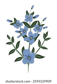 A delicate and elegant illustration of a blue rose branch with multiple blossoms and lush green leaves. The hand-drawn floral design features soft, flowing petals and natural details, creating a roman