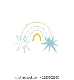 Un arcoiris delicado y elegante con hermosas y exquisitas estrellas. El arcoiris de dibujos animados aislado sobre fondo blanco. Las líneas y los puntos crean una ilustración vectorial de arco iris única.