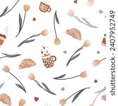 Delicate and elegant scattered tulip flowers and hot drink mugs and croissants seamless pattern. Beautiful Spring print.