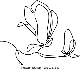 A delicate and elegant single line drawing capturing the graceful organic shapes of blooming magnolia flower petals