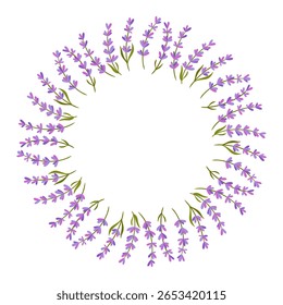 Corona delicada y elegante con lavanda, ramitas, tonos suaves púrpura y rosa, perfecta para botánica, spa, tarjetas de felicitación o diseños de bienestar. Ilustración vectorial