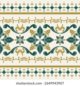 Delicado Bordado Design Florais Ornamento Deep Verde Ouro Geométrico Combinar Motivo Estilo Sem Costura Padrão de Borda no Fundo Branco. Magnífica impecável Royal Blooming para têxteis moda cerâmica