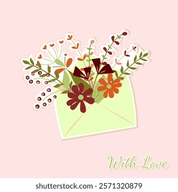 Delicate envelope overflowing with vibrant flowers on a soft light pink background. Design or concept for invitation. 