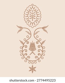 A delicate ethnic-style scrollwork decorative pattern with a central lotus motif, intertwined vines, and a star-shaped accent, rendered in warm earthy tones on a soft beige background