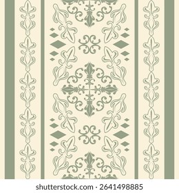 Delicate Exquisite Detailed of Botany Baroque Filigree Fleur de lis with Green Olive Scroll Ornament Diamond Geometric on Cream Background. Luxury Classy Rococo Seamless Border Pattern Embroidery Lace