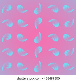 Delicate feathers. Background of blue and pink shining feathers on a pink background.
