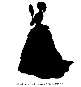 Delicate female silhouette in antique ball gone with fan. Curly hair, slim figure. Vintage evening dress, fluffy skirt, corset. Romantic woman character, bride. Pretty model design for print, cards