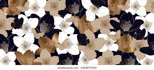 Delicate feminine floral background with gold, white and dark blue flowers and butterflies. Luxury card, poster, banner