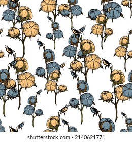 Delicate and feminine patterns with their depiction of a cotton seed boll. Elegant twigs intertwined into endless ornaments for textile printing or wallpaper.