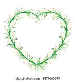 Delicate, filigree heart frame. Romantic, elegant, feminine, floral green heart ornament with graceful and sylphlike spiral flourishes. Isolated vector illustration on white background.
