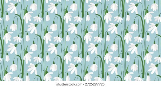 Delicado primeiro snowdrops no fundo azul, padrão sem emenda. Primroses em impressão de flor para têxteis, tecido, papel, embalagem, design, gráfico vetorial