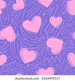 Delicate floating pink hearts vector seamless set on deep purple swirled background. Dynamic design with dots and doodles lines creates cozy and romantic mood. Hand made for Valentines or wedding.