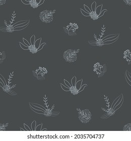 delicado patrón floral abstracto en un fondo gris oscuro, huella herbal para impresión en tela, papel, portadas de álbumes e invitaciones