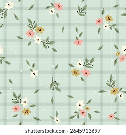 Arranjo floral delicado em um sálvia verde Gingham Check Background. Design para impressões de moda, têxtil, fundo, papel de parede, envoltório, tecido e muito mais