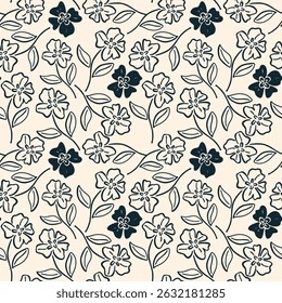 Delicate Floral Arrangement with Outlined Flowers on Beige. Elegant Line Art Floral Seamless Pattern. Minimalist Botanical Line Art Design. Classic Black and Cream Floral Pattern.