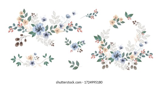 Delicate floral arrangements for greeting cards on a white background