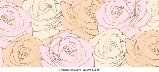 Delicate floral background with colorful roses and golden outline. Background for decor, covers, wallpapers, postcards and presentations.