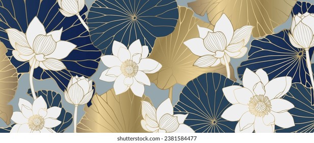 Delicate floral background with lotus flowers and leaves. Luxury vector background for decor, wallpaper, covers, cards and publications on social networks