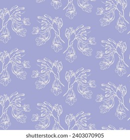 Delicate floral background. Seamless vector pattern branch flowers of Jacaranda tree white on purple. Hand drawn elements for design packaging textile