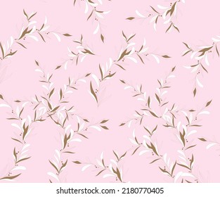 Delicate floral background. Small white flowers and dots on a pink background. Wallpaper, furniture fabric, textile
