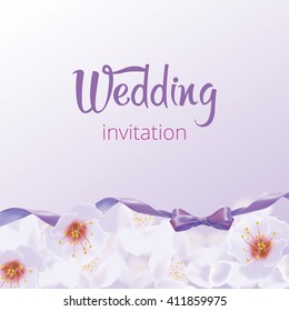 Delicate floral background. Wedding, celebration. The invitation card in purple with satin ribbon.