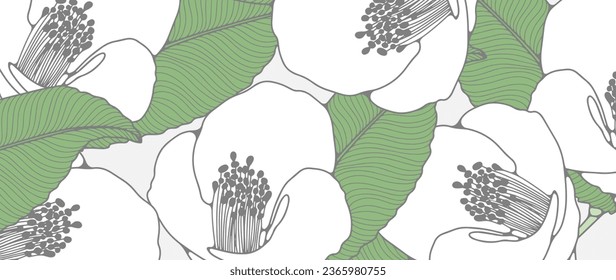 Delicate floral background with white flowers and green leaves. Vector background for creating wallpapers, covers, cards.