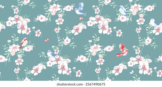 Delicate Floral and Bird Seamless Pattern on Teal Background