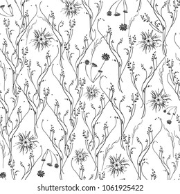 A delicate floral black and white pattern in many varieties of field plants. Botanical motifs are scattered vertically. Seamless vector texture. for fashion prints. Print   on a white background