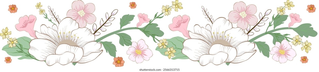 Delicate floral border,pasterl floral white and pink blossoms,green leaves,subtle detailing,invitations,cards,wedding,decorative