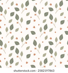 delicate floral botanical design with leaves and branches, seamless vector pattern in pastel colors, for print, fabric, design, packaging.