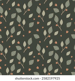 delicate floral botanical design with leaves and branches, seamless vector pattern in pastel colors, for print, fabric, design, packaging.