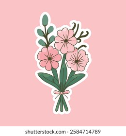 A delicate floral bouquet featuring pink flowers and lush green leaves. This charming illustration evokes a soft and romantic feeling, perfect for invitations, greeting cards, and decor.