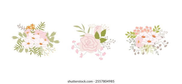 Delicate floral bouquets with pink roses and greenery.