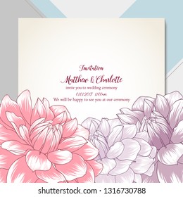 Delicate floral card on  abstract background. Invitation template for wedding ceremony, greeting, element for design. Vector pattern with hand-drawn flowers dalias.