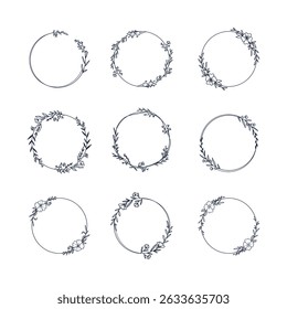 Delicate Floral Circle Frame Vector Illustration Set