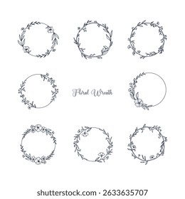 Delicate Floral Circle Frame Vector Illustration Set