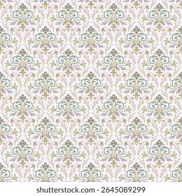 Delicate floral damask pattern in muted pinks and greens for romantic and feminine designs. Vector seamless border in Victorian style. Vector, illustration