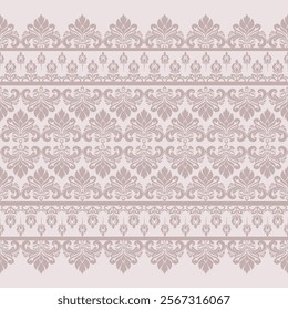 Delicate Floral Damask Pattern in Soft Beige with Ornamental Borders and Symmetrical Motifs