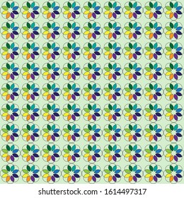 a delicate floral design with six different colored petals. Light green background. Patterned, simple