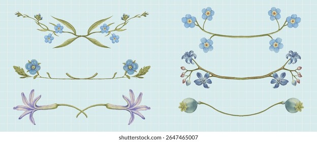 Delicate floral designs with blue and purple flowers. Floral motifs include stems and leaves. Perfect for floral-themed projects and decorative floral accents. Spring flower illustrations, vector set.