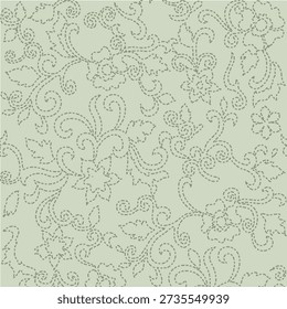 Delicate floral embroidery seamless pattern with stitched swirl design and vintage flowers for textile print for fabric