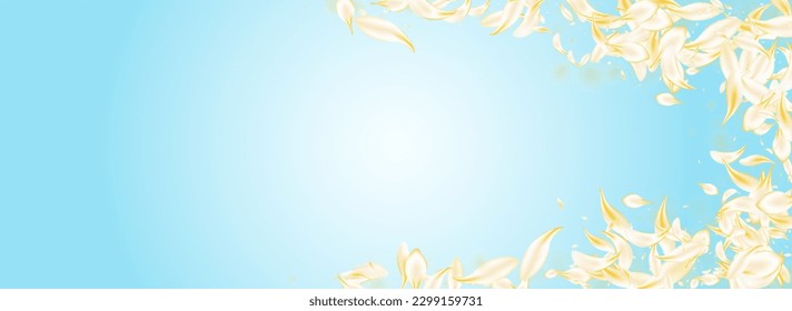 Delicate Floral Fall Vector Panoramic Blue Background. Light Japan Blossom Template. Gold Rose Japanese Illustration. Yellow Cherry Blur Design. Flying Flower Backdrop.