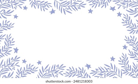 delicate floral frame with branches and stars for posters, banners, flyers, wedding invitations, save the date, card, menu. Copy space, blue silhouette vector background. leaves, herbs